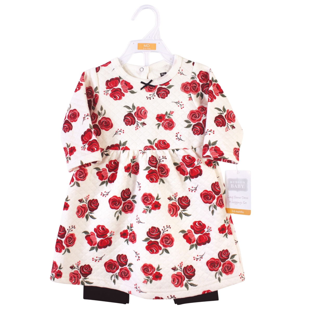 Hudson Baby Baby Girls Quilted Cotton Long-Sleeve Dress and Leggings 2pc Set,- Red rose