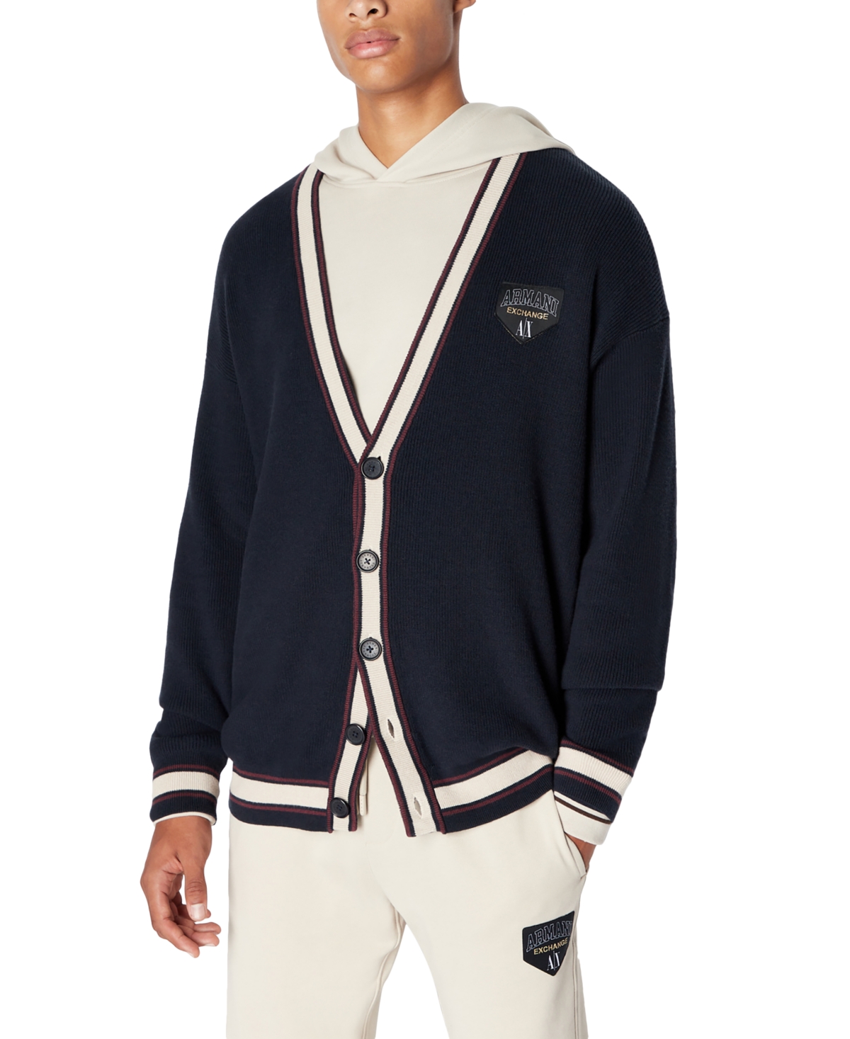 Ax Armani Exchange Men's Long-sleeve Collegiate Button-front Cardigan Sweater In Navy