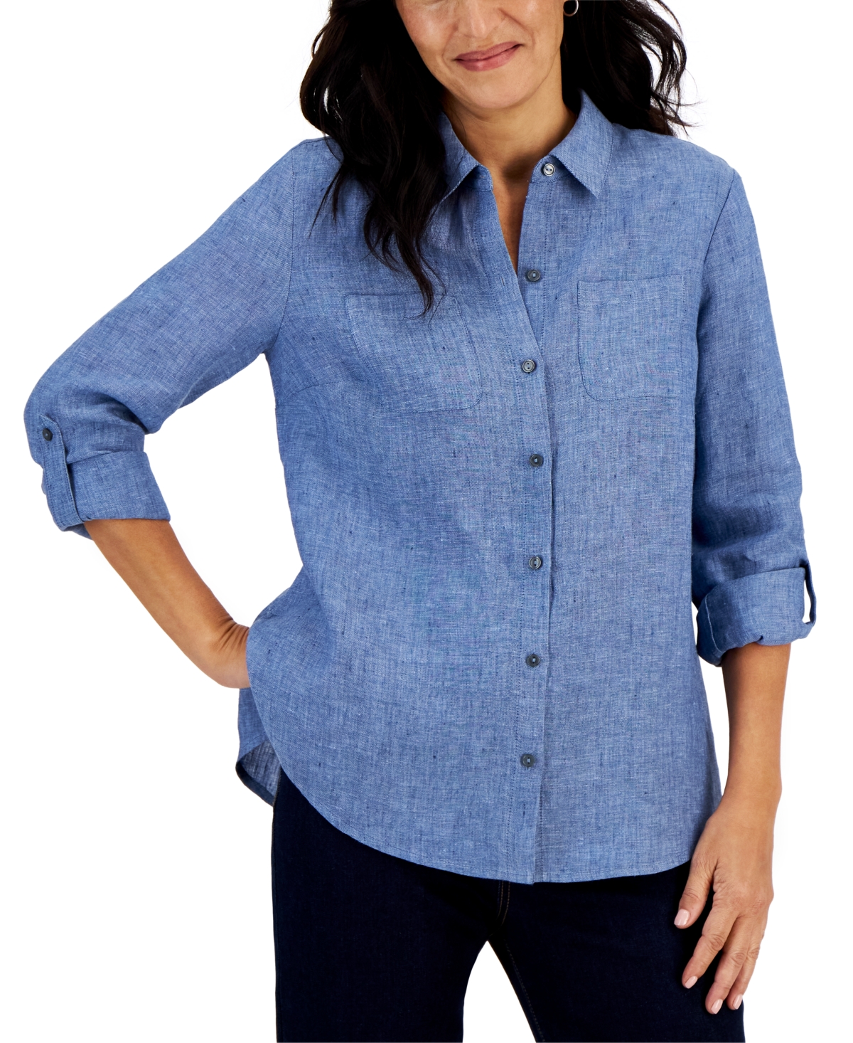 Petite 100% Linen Button-Front Shirt, Created for Macy's - Flaxseed