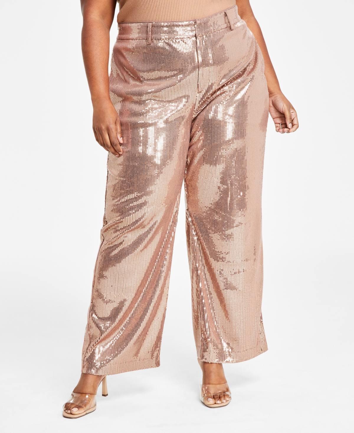 Nina Parker Trendy Plus Size Sequined Wide-leg Pants In Copper Rose