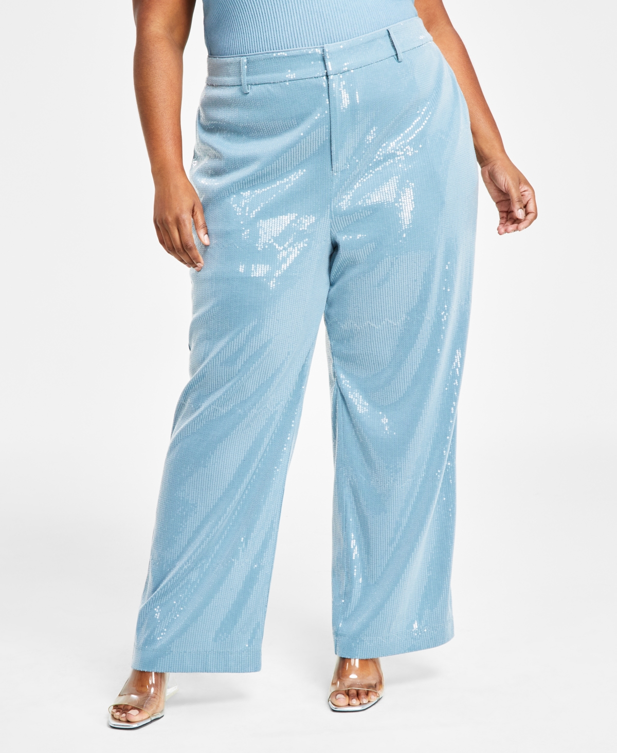 Nina Parker Trendy Plus Size Sequined Wide-leg Pants In Ice Blue
