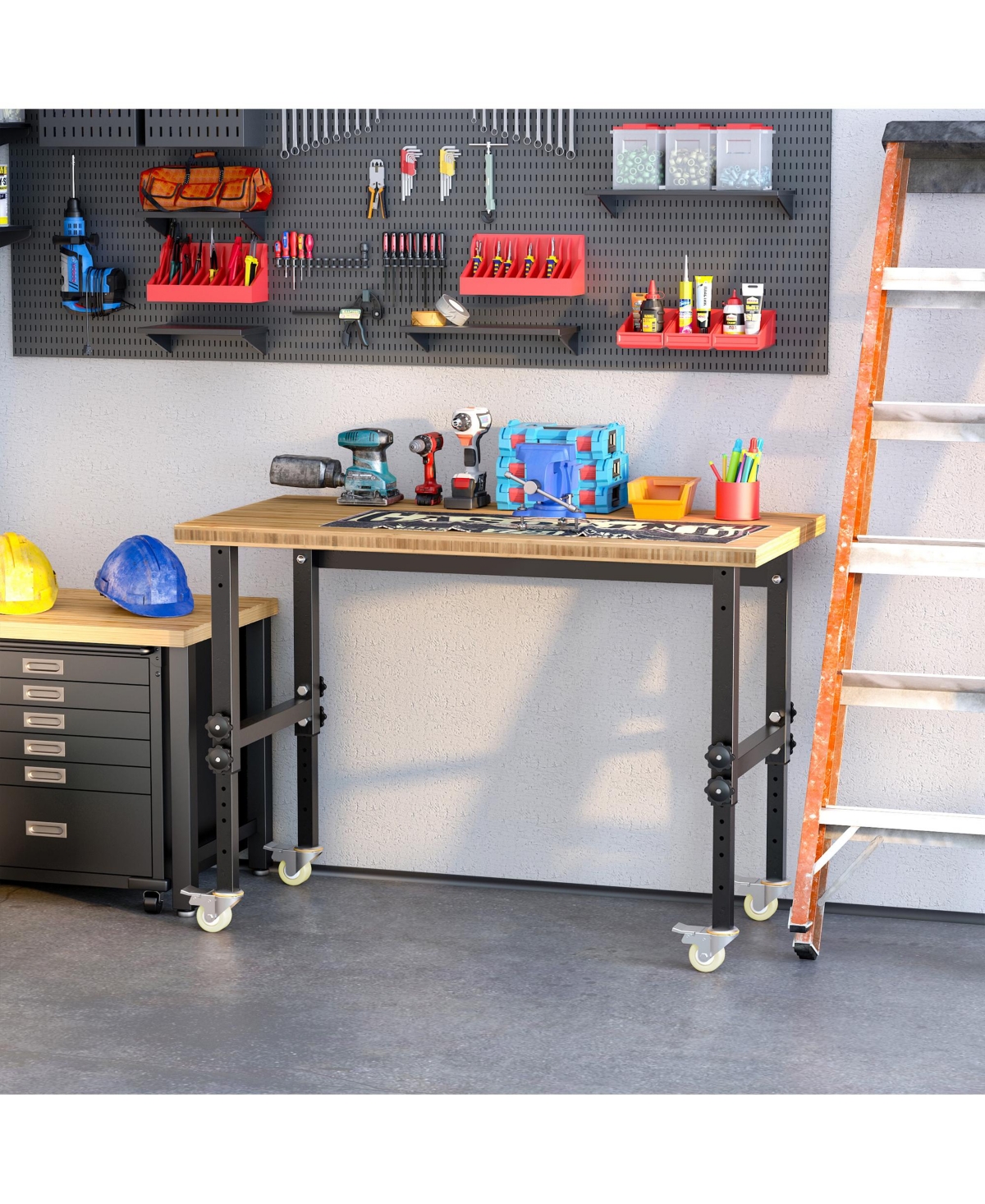 Homcom Mobile Project Workbench Station with Large Natural Bamboo Tabletop - black