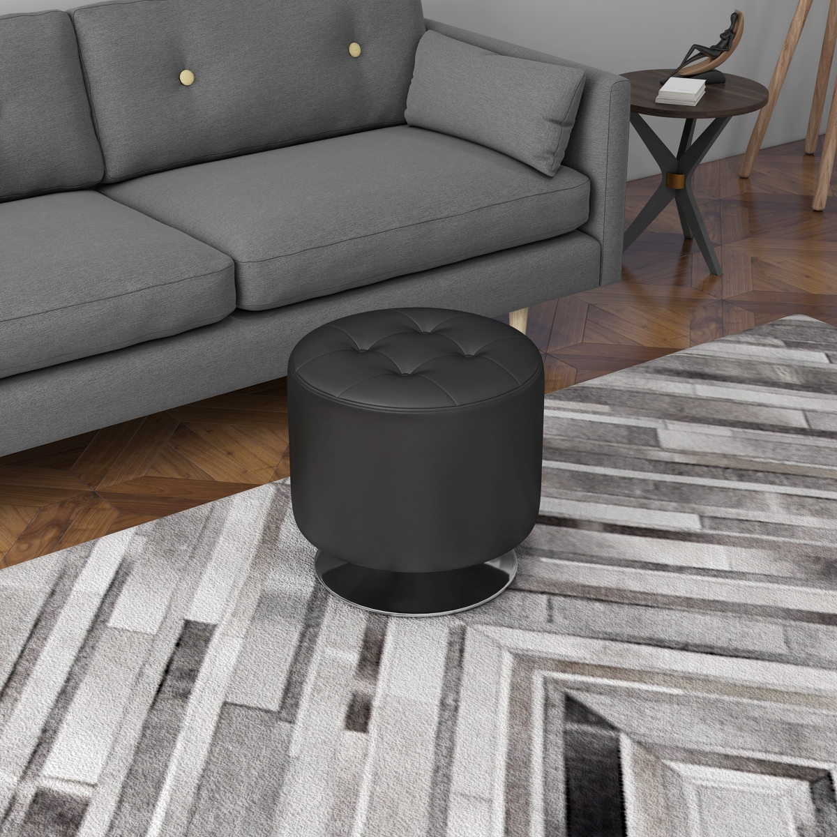 Homcom 360° Swivel Foot Stool Round Pu Ottoman with Thick Sponge Padding and Solid Steel Base,- Black