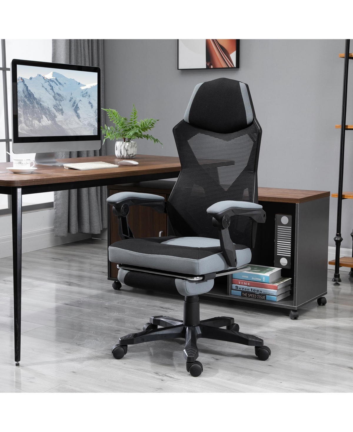 Vinsetto Ergonomic Home Office Chair High Back Armchair Computer Desk Recliner with Footrest, Mesh Back, Lumbar Support and Wheels,- Grey