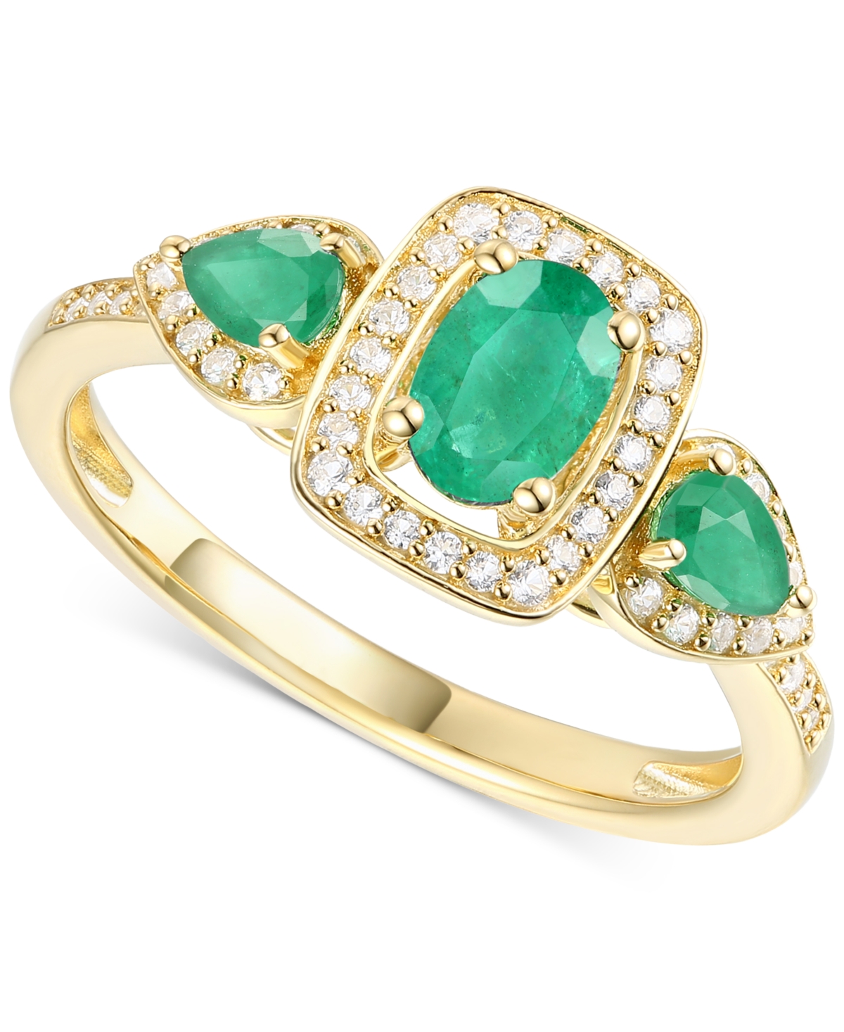Macy's Emerald (3/4 Ct. T.w.) & Diamond (1/5 Ct. T.w.) Three Stone Halo Ring In 14k Gold