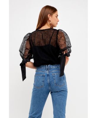 Women's Embroidered Puff Sleeve Satin Bow Top