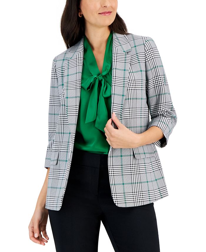 Petite Plaid Cuffed 3/4-Sleeve Open-Front Jacket