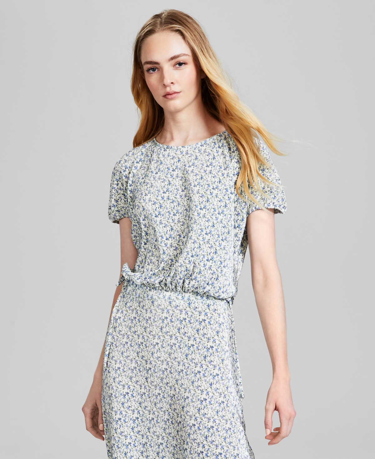 And Now This Women's Floral Print Plisse Top, Created For Macy's In Blue Floral