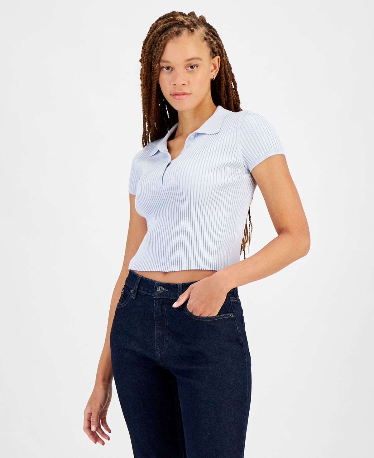 Calvin Klein Jeans Est.1978 Women's Ribbed Quarter-button Polo Shirt In Powder Blue