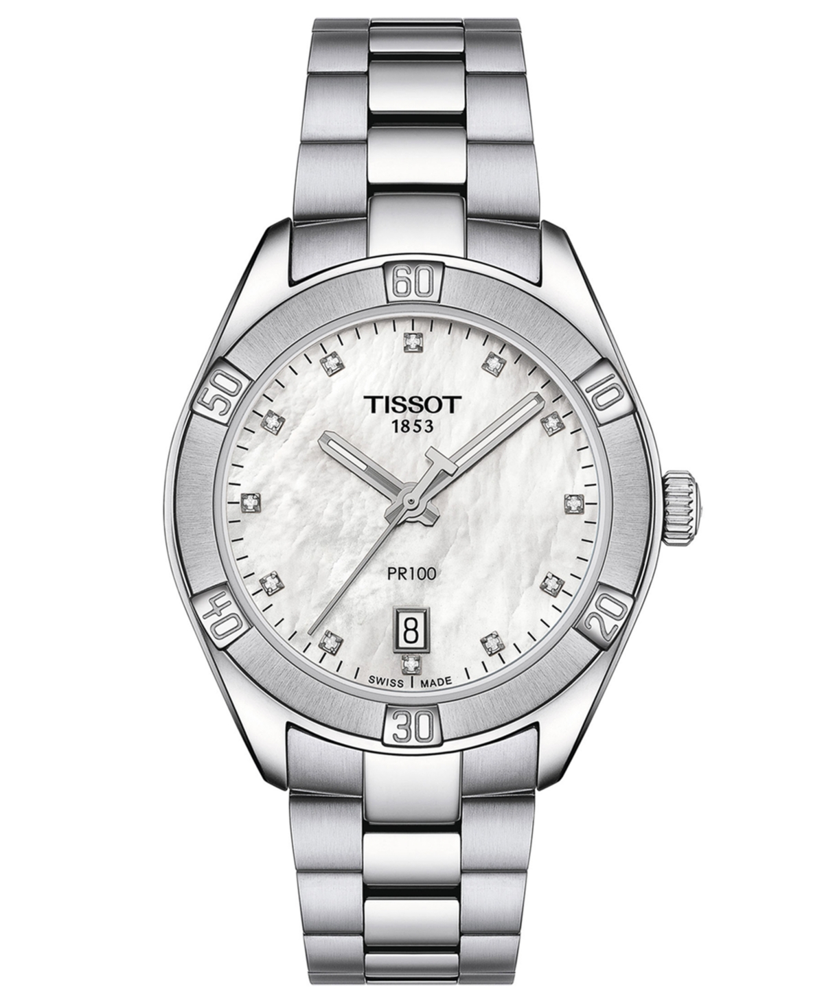 Tissot Women's Swiss Pr 100 Sport Chic Diamond (1/20 Ct. T.w.) Stainless Steel Bracelet Watch 36mm In Silver