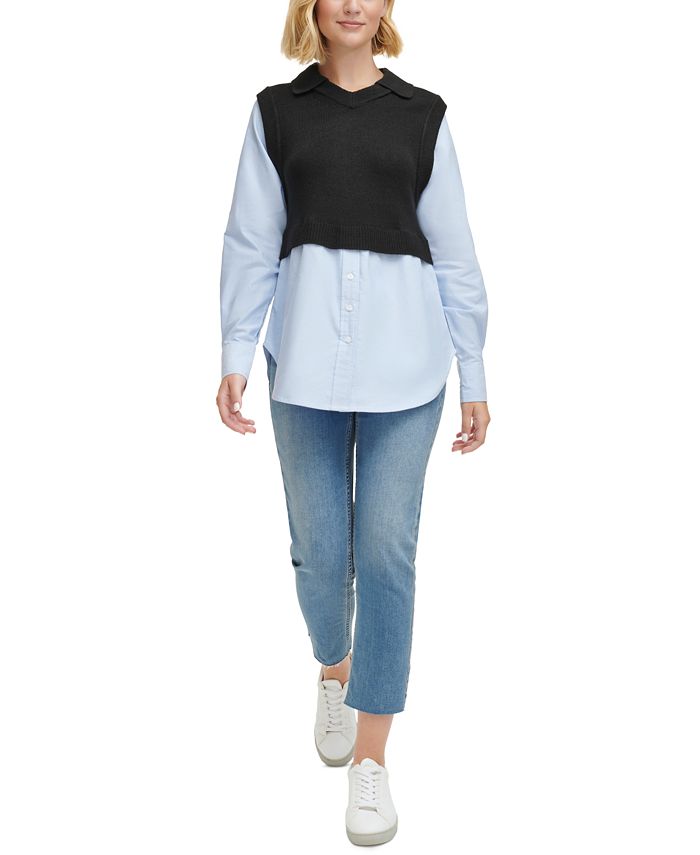 Women's Layered Sweater Contrast Long-Sleeve Top