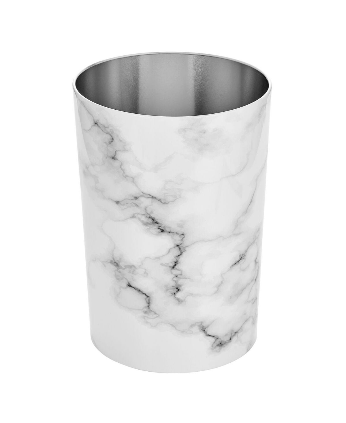 Round Metal Trash Wastebasket/Recycling Can - White marble