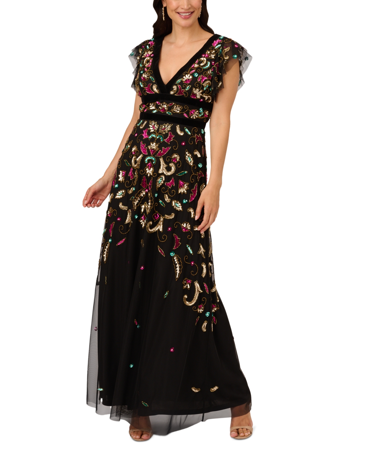 Edwardian Evening Gowns, Ballgowns, Formal Dresses Adrianna Papell Womens Beaded Velvet-Trimmed Gown - Black Multi $349.00 AT vintagedancer.com