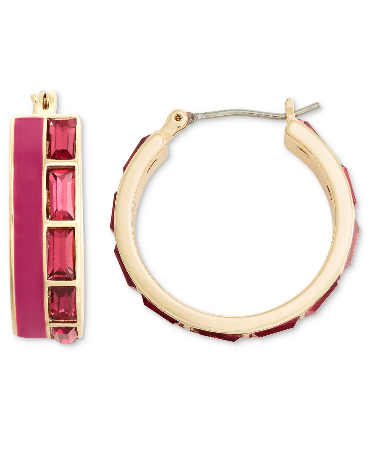 On 34th Gold-tone Stone & Enamel Small Hoop Earrings, .85", Created For Macy's In Pink