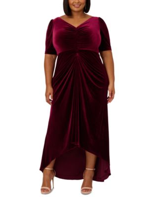 Adrianna Papell - Plus Size Velvet V-Neck Draped High-Low Gown