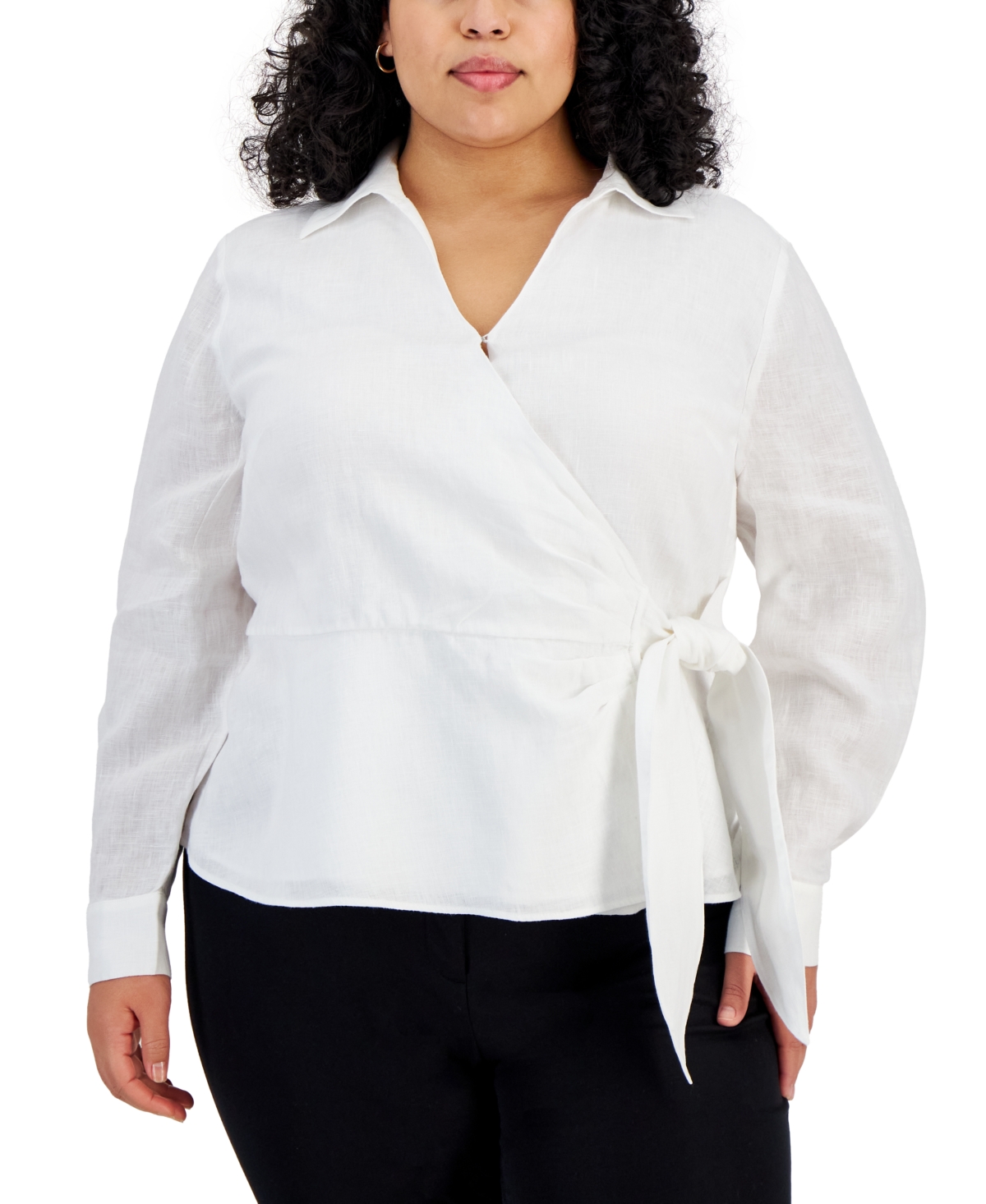 Inc International Concepts Plus Size Collared Long-sleeve Wrap Top, Created For Macy's In Bright White
