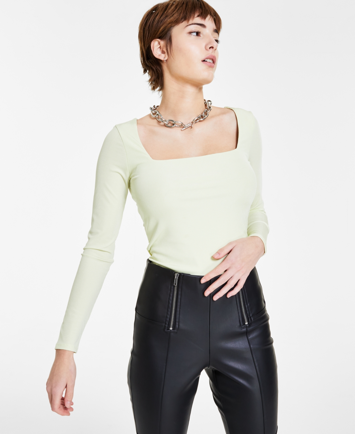 Bar Iii Women's Square-neck Ribbed Bodysuit, Created For Macy's In White Jade