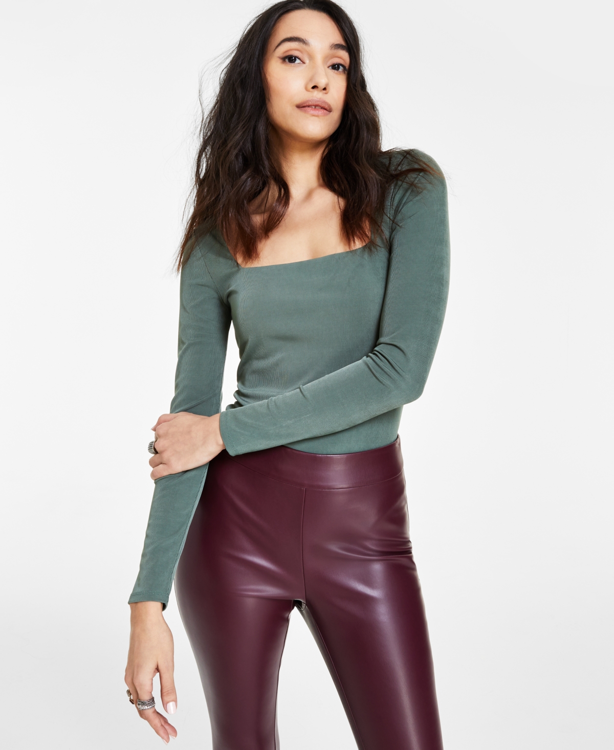 Bar Iii Women's Square-neck Ribbed Bodysuit, Created For Macy's In Palmetto