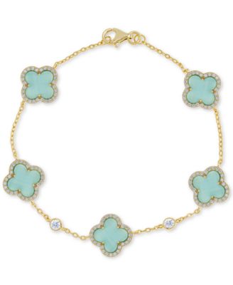 Macy's - Blue Cat Eye & Cubic Zirconia Clover Leaf Link Bracelet in 14k Gold-Plated Sterling Silver
