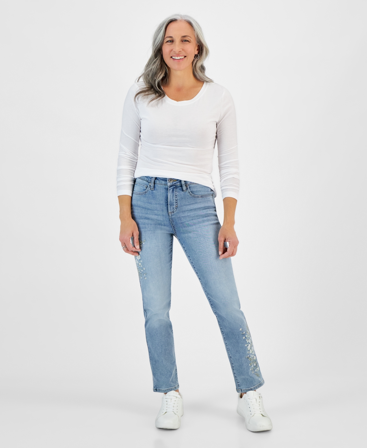 Style & Co Petite Embroidered High-rise Natural Straight Jeans, Created For Macy's In Embroidered Motif Wash