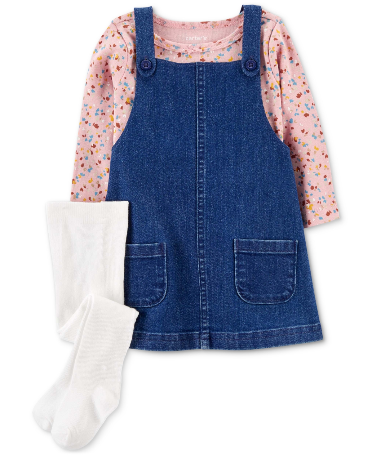 Carter's Baby Girls 3-pc. Floral Top, Chambray Jumper & Tights Set In Denim