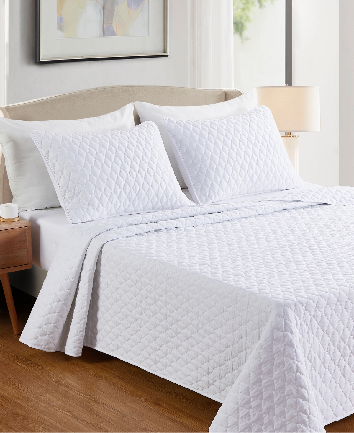 Videri Home Diamond Stitched 3 Piece Quilt Set, Full/queen In White