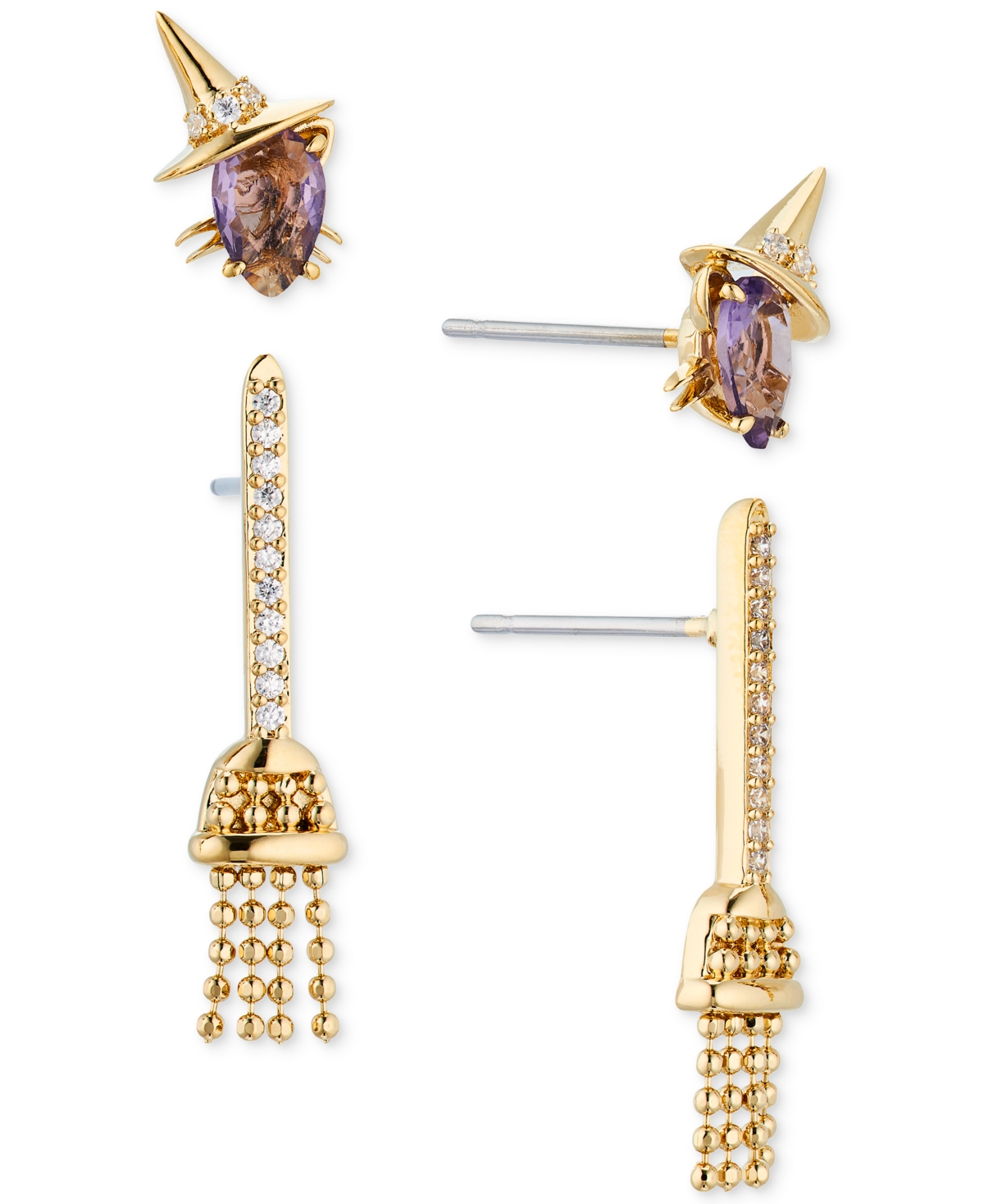 18k Gold-Plated 2-Pc. Set Mixed Stone Witch Cat & Broomstick Earrings - Gold
