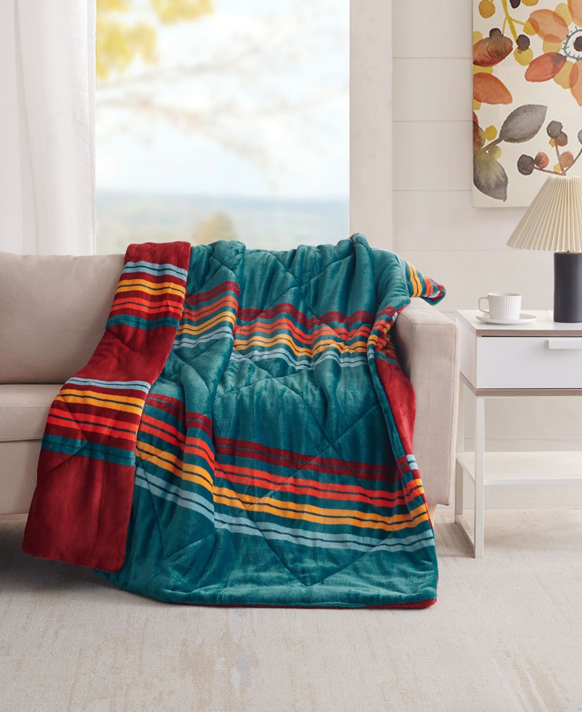 Shop Sutton Home Quilted Velvet To Velvet Reversible Throw 50" X 60" In Gael Stripes Green,red