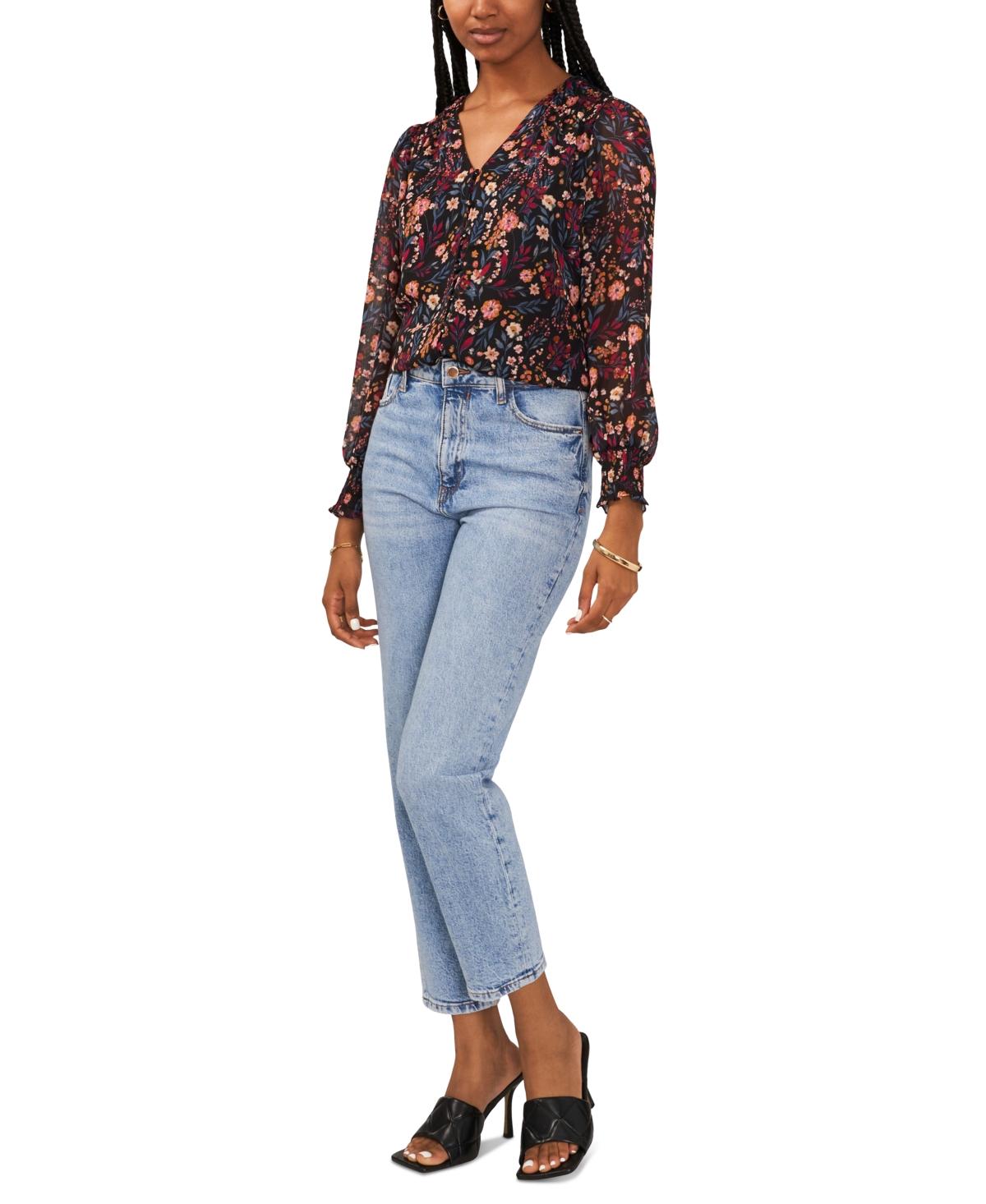 Sam & Jess Petite Printed V-Neck Smocked-Shoulder Blouse