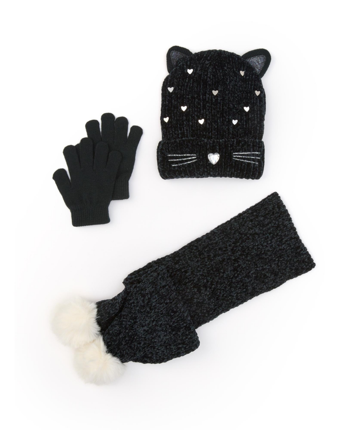 Inmocean Rainbow Sugar Big Girls Critter Kitty Hat, Gloves And Scarf, 3 Piece Set In Black