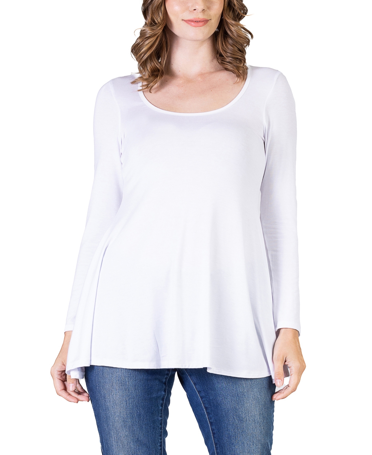 24seven Comfort Apparel Women's Long Sleeve Swing Style Flare Tunic Top In White