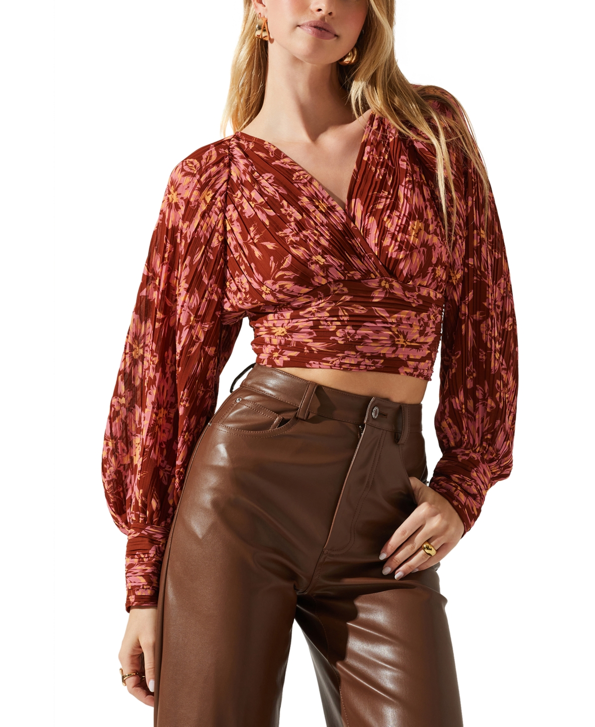 Astr Nuria Wrap Tie Crop Top In Rust Floral