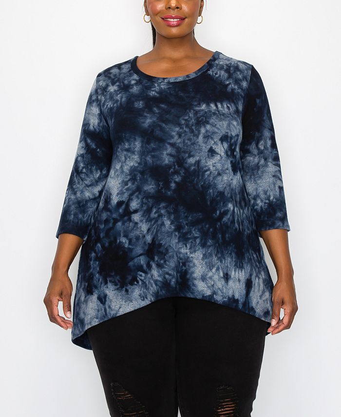 Plus Size Tie Dye Cozy 3 4 Sleeve Button Back Top