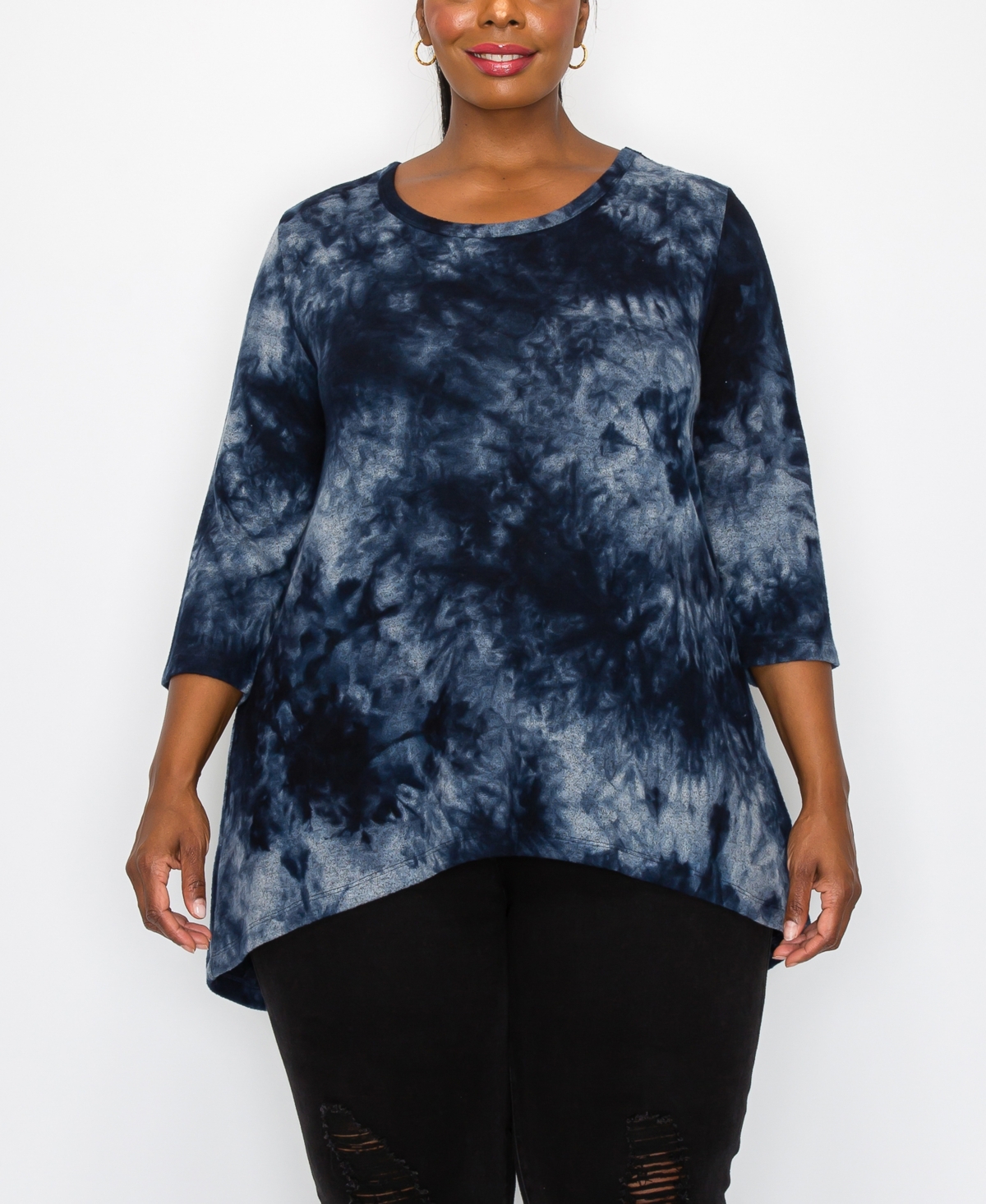 Coin 1804 Plus Size Tie Dye Cozy 3/4 Sleeve Button Back Top In Blue Multi