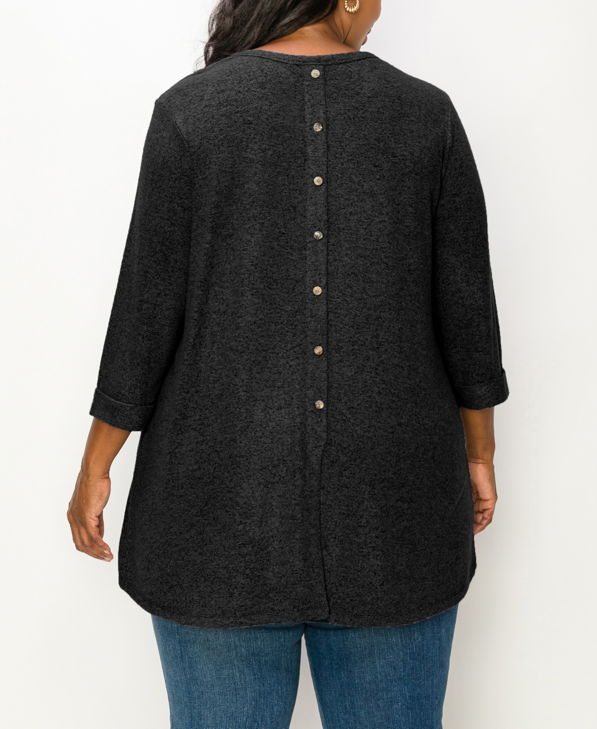Coin 1804 Plus Size Cozy 3/4 Rolled Sleeve Button Back Top