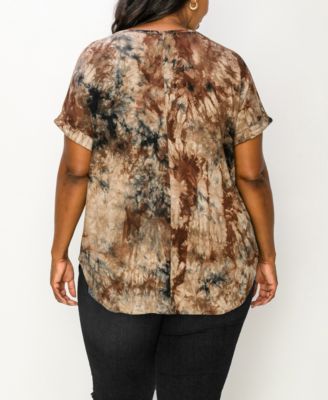 Plus Size Tie Dye V-neck Rolled Short Sleeve Top