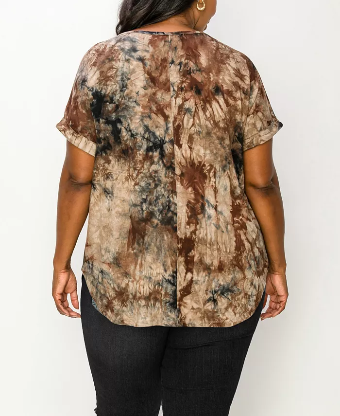 Plus Size Tie Dye V-neck Rolled Short Sleeve Top - thumbnail 2