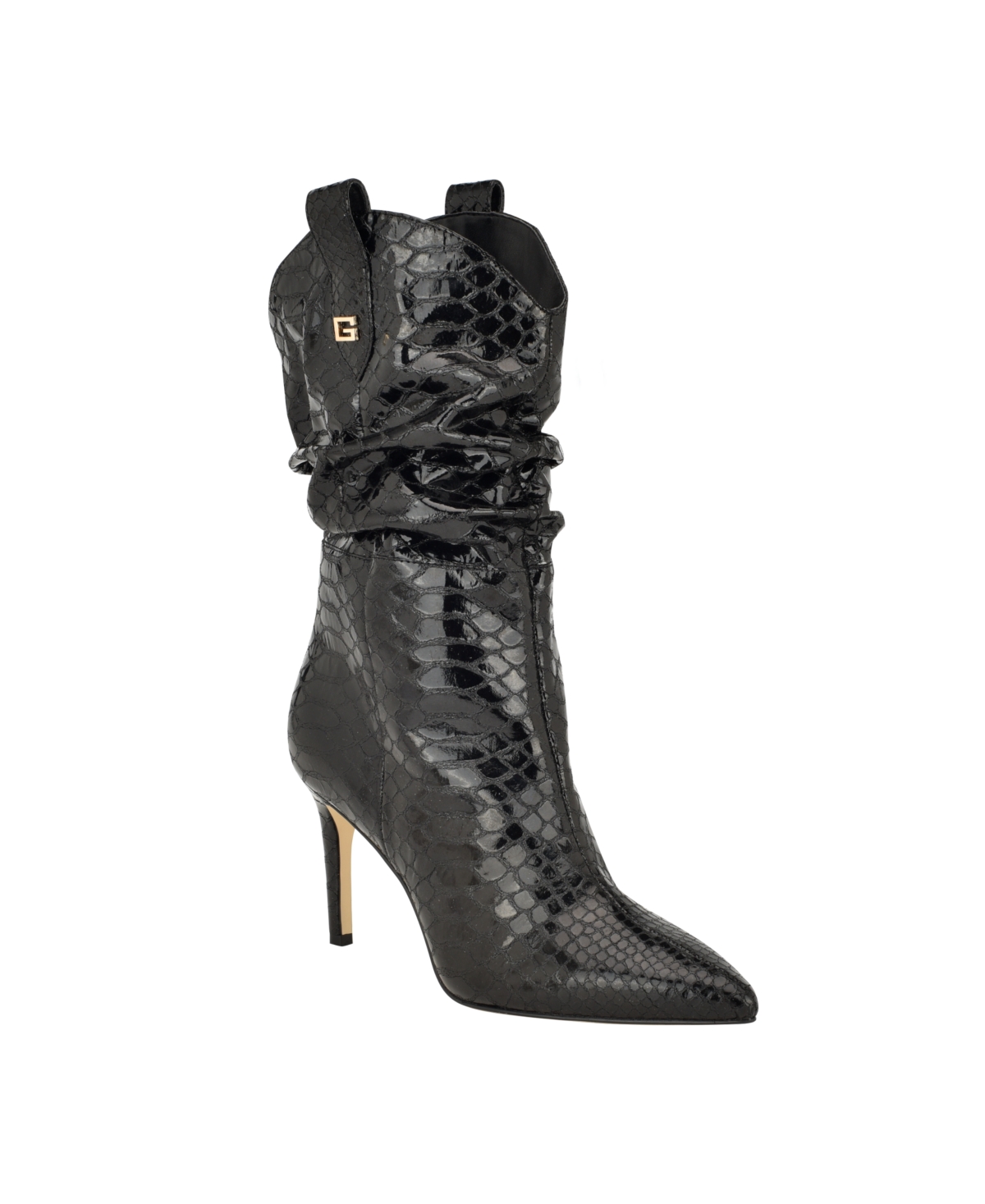 Guess Women's Benisa Pointy Toe Western Heeled Scrunch Booties - Black Croco- Leather