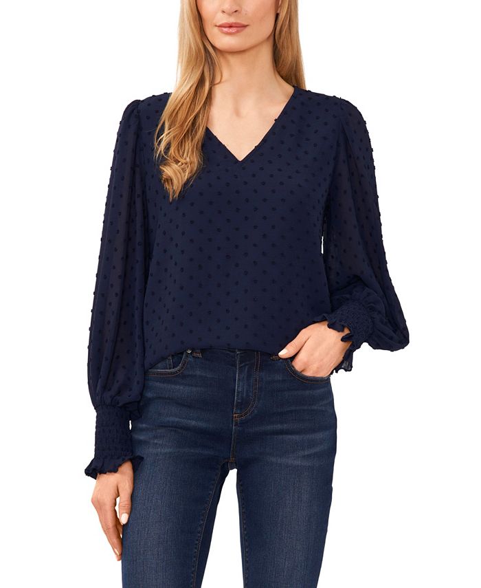 CeCe Women's Long Sleeve Vneck Clip Dot Blouse Macy's