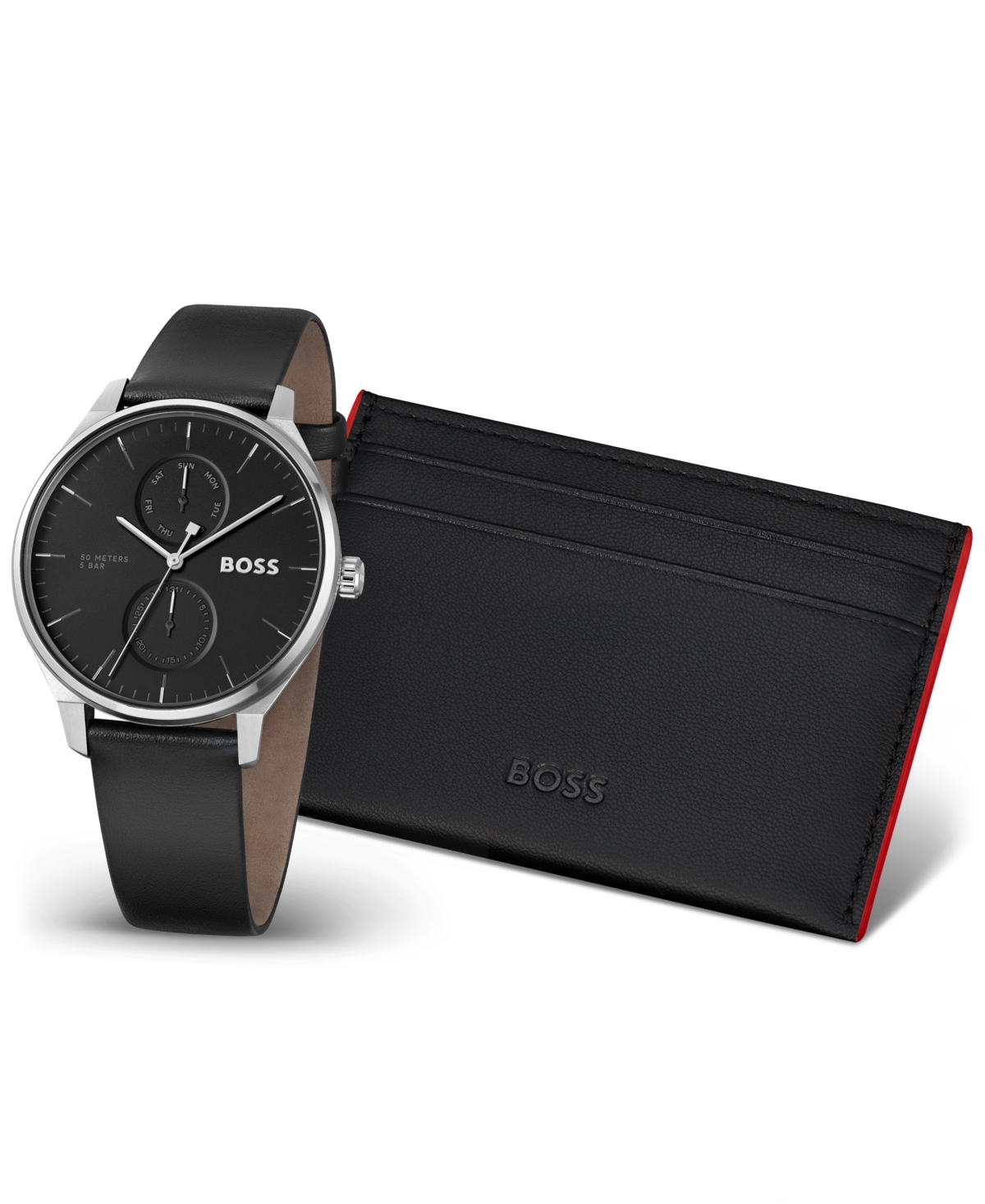 Hugo Boss Men's Tyler Quartz Multifunction Black Leather Watch 43mm, Black Leather Boss Card Holder Gift Set In Assorted-pre-pack