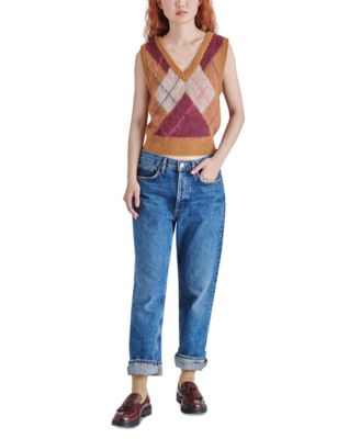 Steve Madden Women's Fuzzy Games Striped Sweater - V-Neck Eyelash Knit Tunic Top