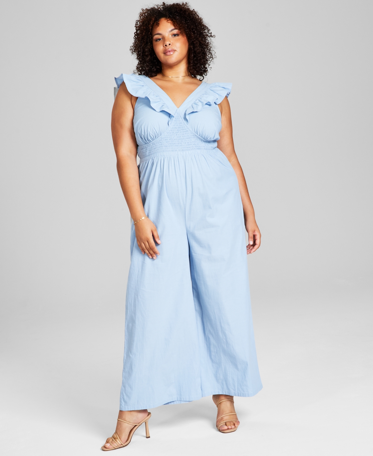 And Now This Plus Size Ruffled-neck Jumpsuit In Blue Chambray