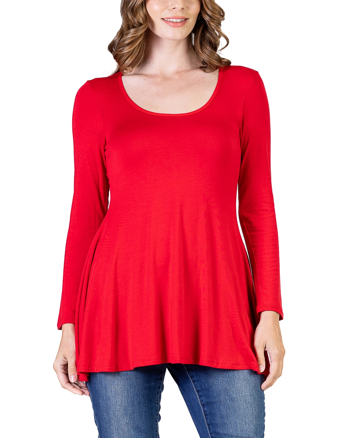 24seven Comfort Apparel Women's Long Sleeve Swing Style Flare Tunic Top In Red