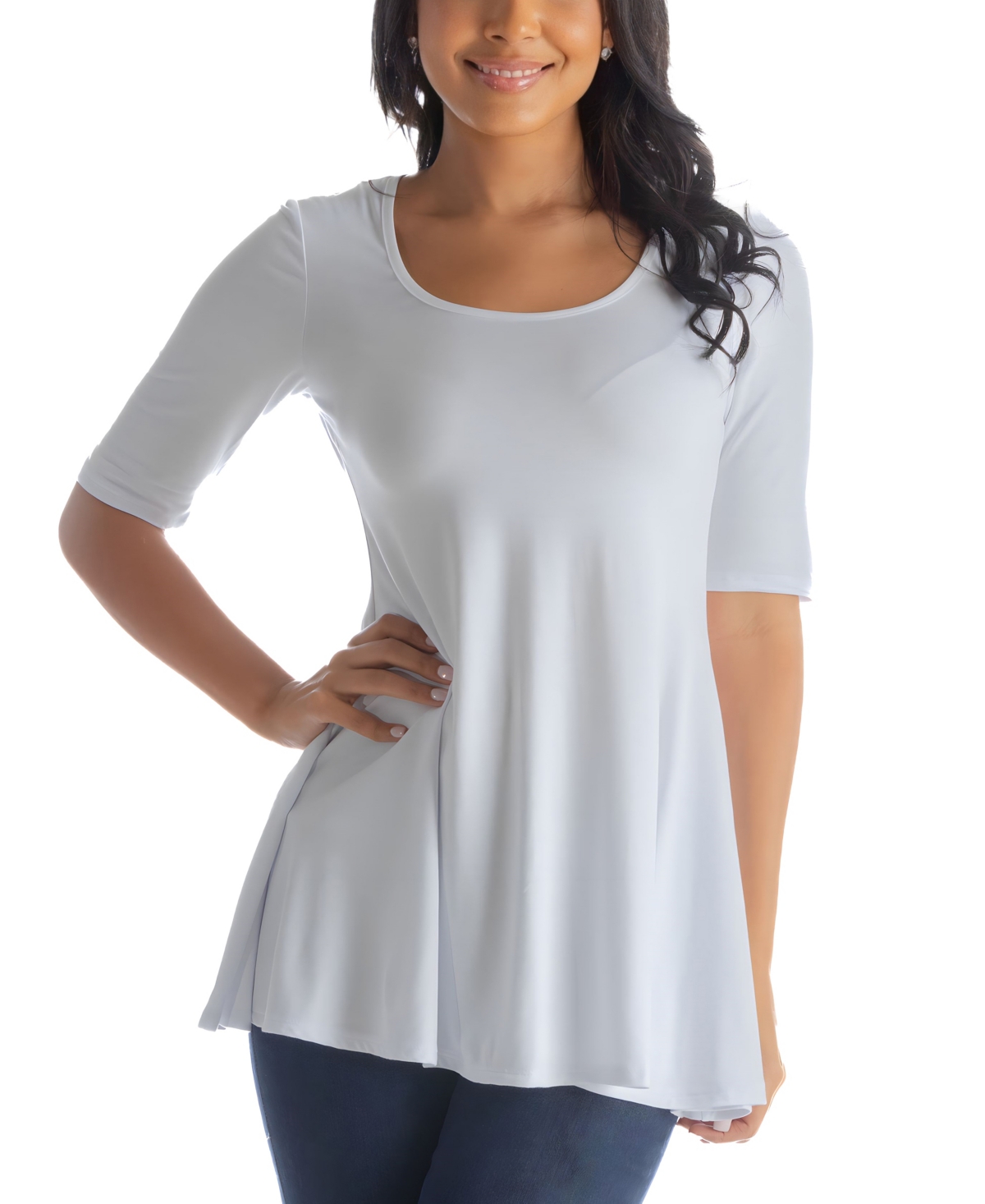 24seven Comfort Apparel Women's Elbow Sleeve Swing Tunic Top In White