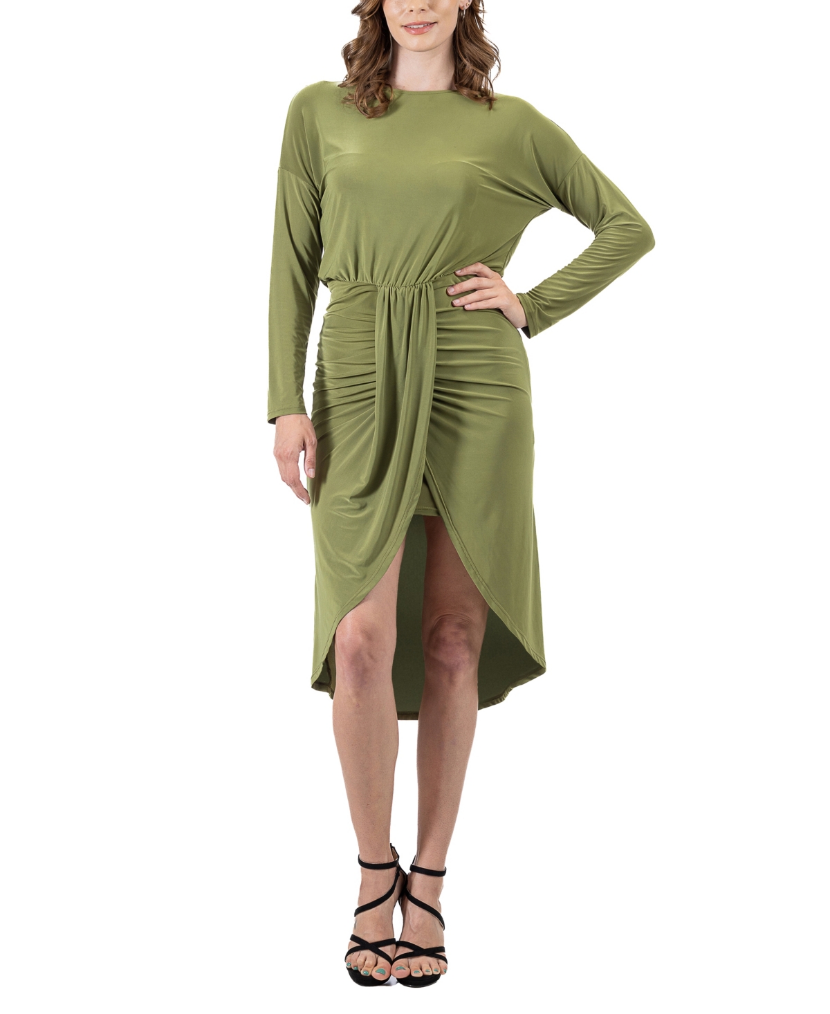 24seven Comfort Apparel Women's Long Sleeve Knee Length Dress In Avocado