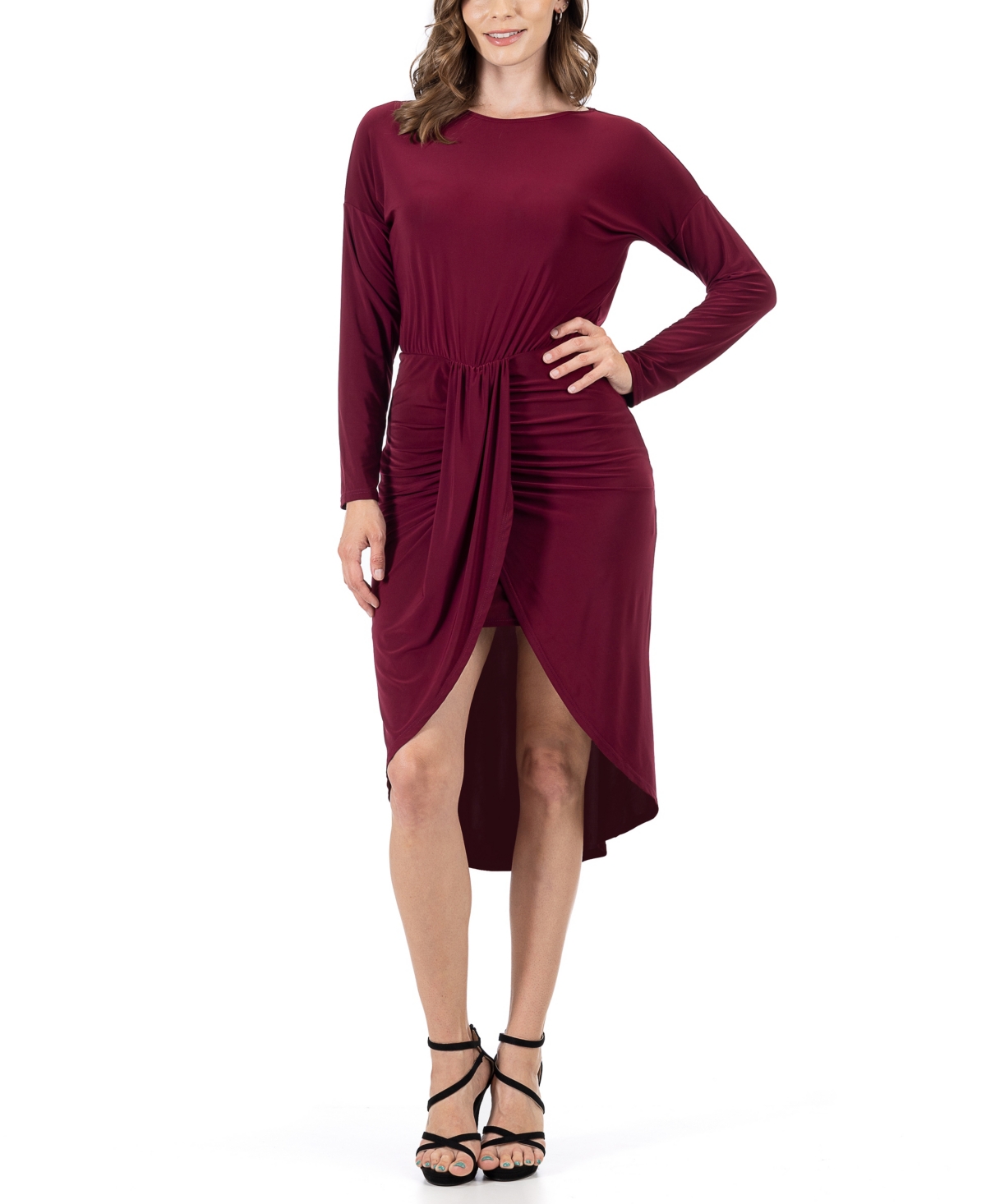 24seven Comfort Apparel Women's Long Sleeve Knee Length Dress In Burgundy