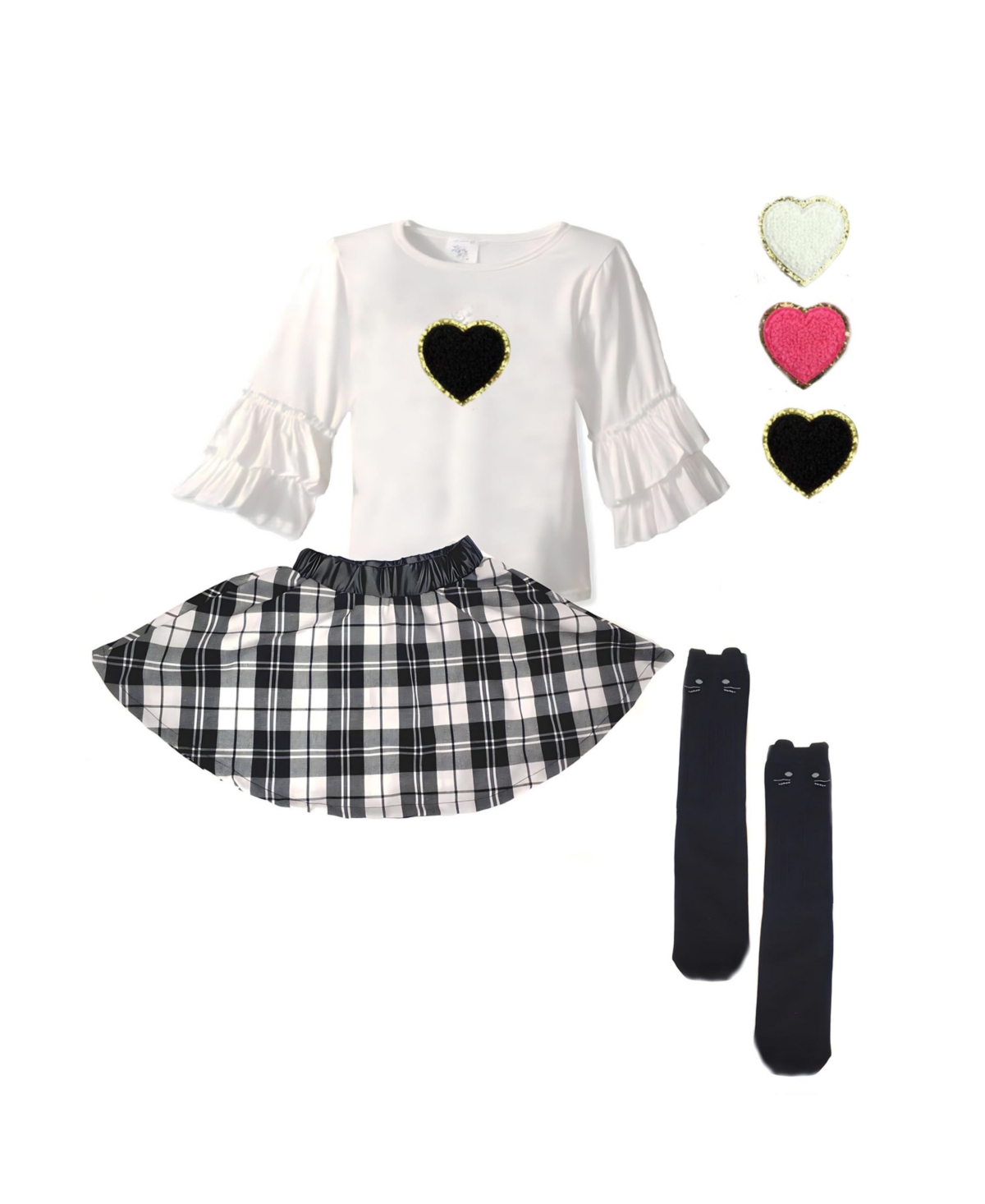 Mi Amore Gigi Toddler, Child Girls Interactive Heart Ruffle Top And Skirt With Knee Sock Set In Cream  Black