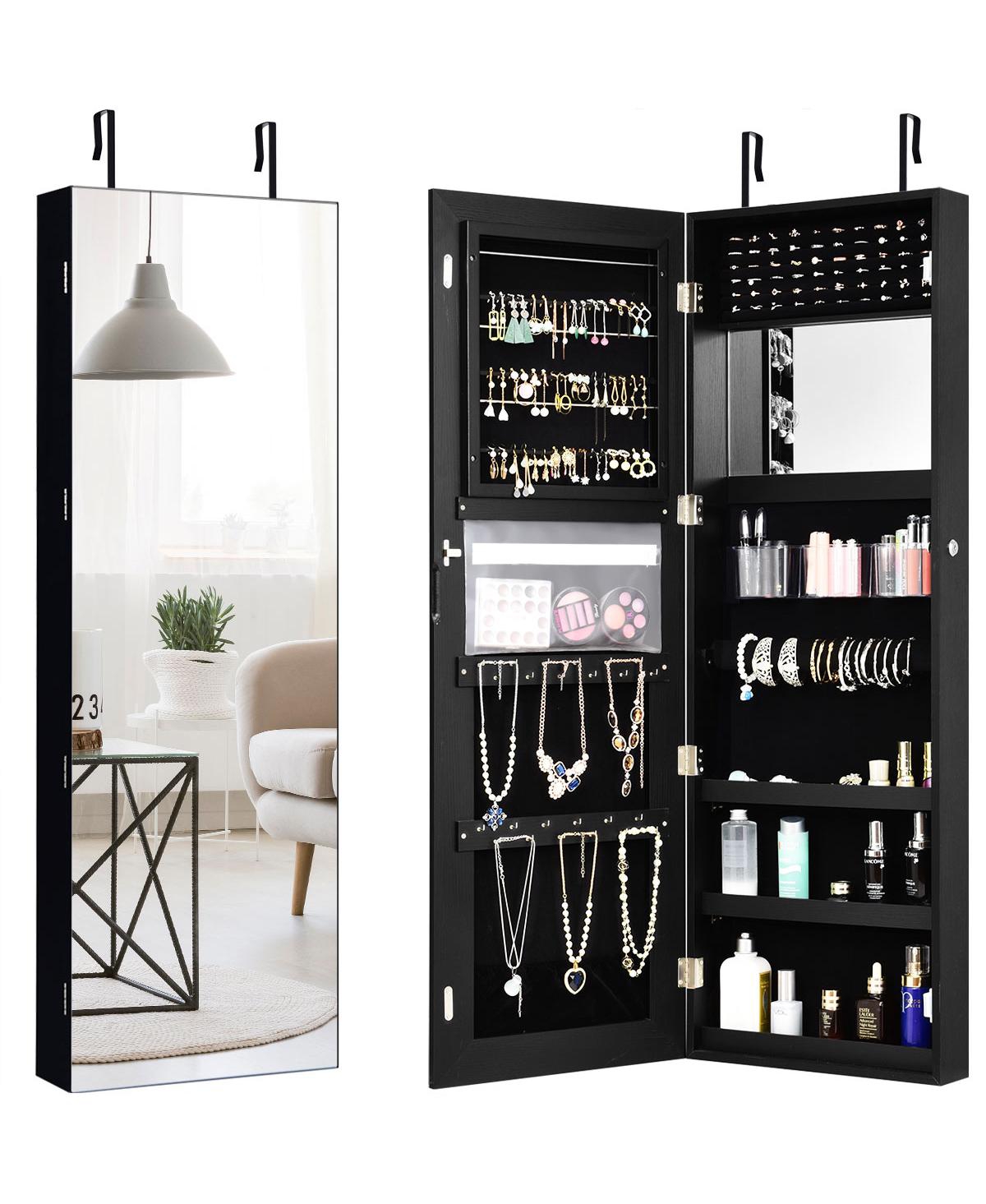 Wall&Door Mounted Jewelry Cabinet Storage Organizer Mirror - Black