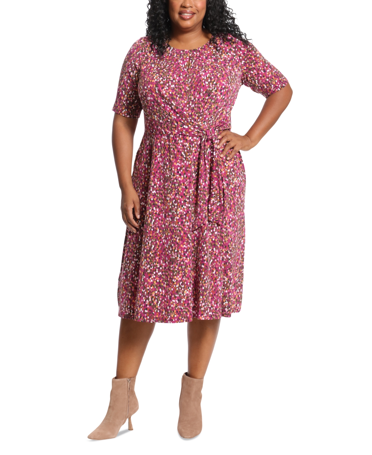 London Times Plus Size Keyhole-Front Midi Dress