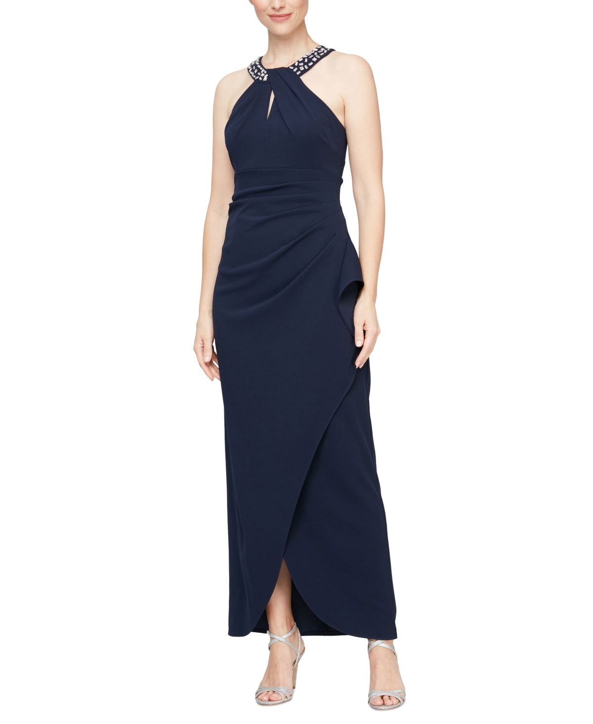 Sl Fashions Crystal Embellished Halter Neck Sleeveless Tulip Maxi Dress In Navy